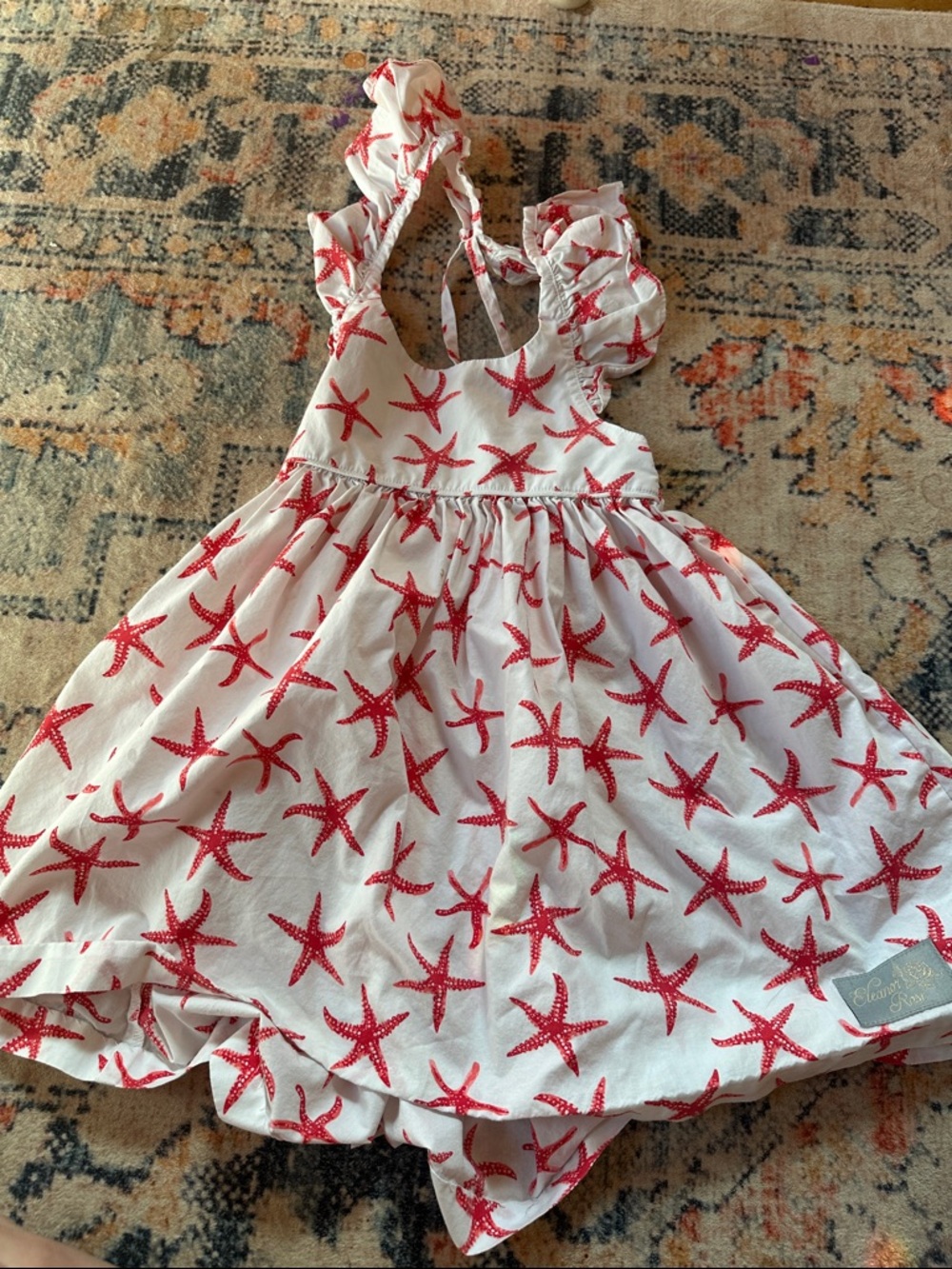 Eleanor Rose Girls White Dress with Red Starfish Print - Summer Ruffle Sundress
